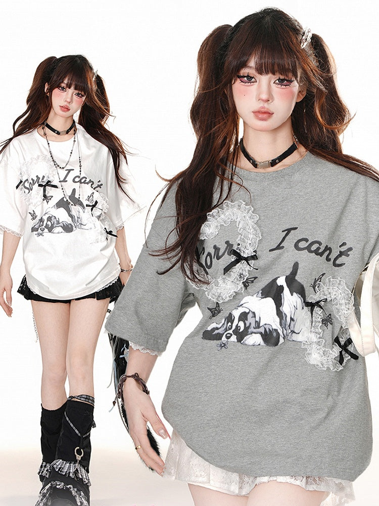 White/Grey Cute Puppy Print Short Sleeves T-Shirt