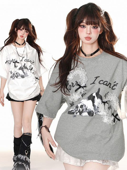 White/Grey Cute Puppy Print Short Sleeves T-Shirt