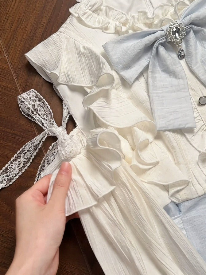 Blue-White Cutout Shoulder Bow Ruffle Long Sleeve Seiso Dress - LA LA JK