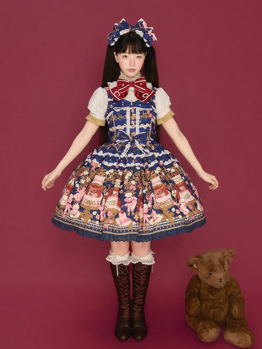 Lolita and Print Dress Details Sweet Bow Lace JSK Cake Blue Bear with Trim Dark