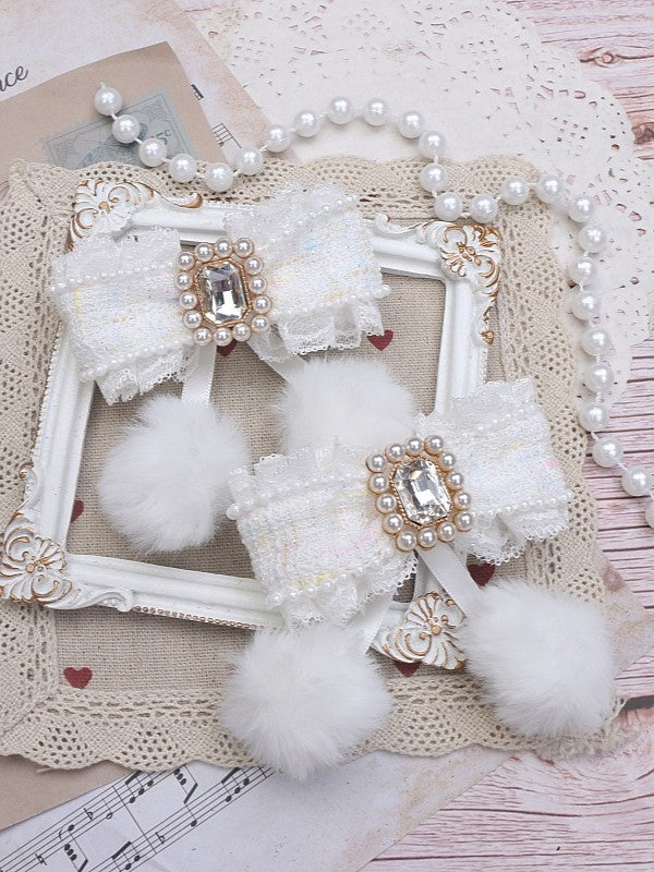 Tweed 5 Color Options With Hairclip Rhinestone Bowknot Jirai Pom-Poms Kei