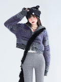 Gray Striped Lockstitch Knit with Sweater Ribbed Purple Mohair Crop Detailing Cuffs