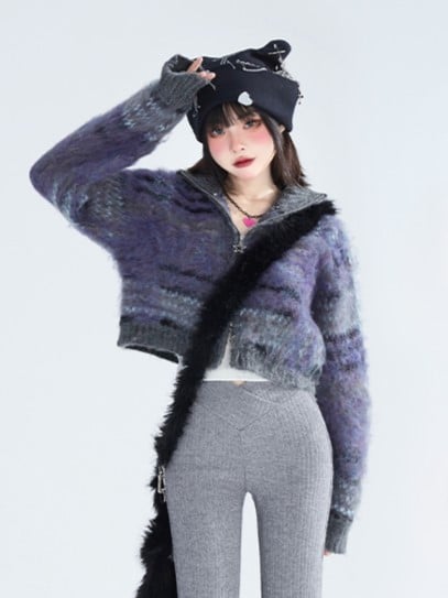 Gray Striped Lockstitch Knit with Sweater Ribbed Purple Mohair Crop Detailing Cuffs