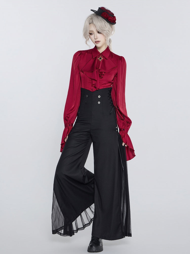 Ouji Style 110cm High Waist Wide-Leg Black Pants with Pleated Chiffon Panel - DevilInspired Exclusive Collection