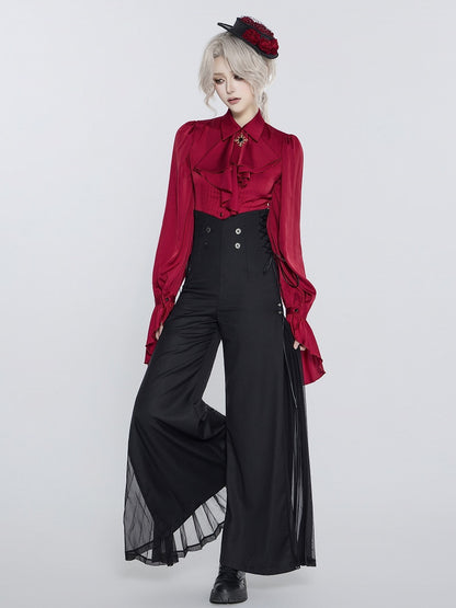 Ouji Style 110cm High Waist Wide-Leg Black Pants with Pleated Chiffon Panel - DevilInspired Exclusive Collection