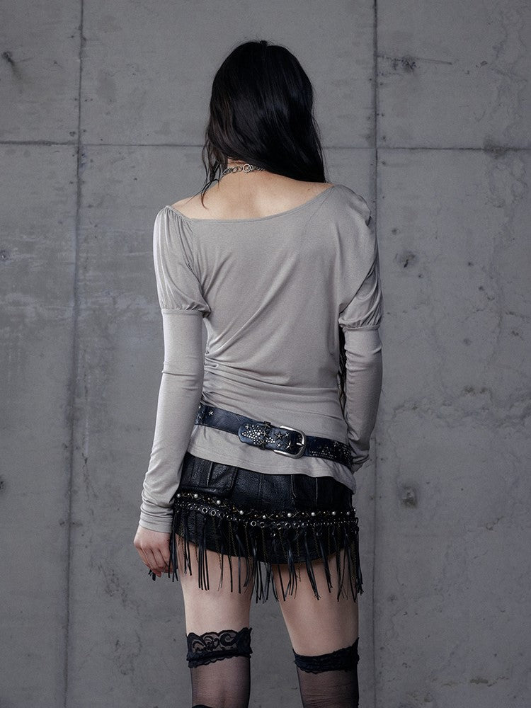 Punk Heart Cross Juliette Knit Top Gray with Sleeves Print Grunge Aesthetic Asymmetrical