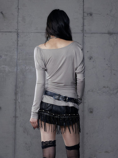 Punk Heart Cross Juliette Knit Top Gray with Sleeves Print Grunge Aesthetic Asymmetrical