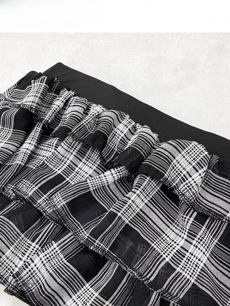 ブラックホワイト ビタースイートパターン チェック柄 裾 アシンメトリー ティアード
