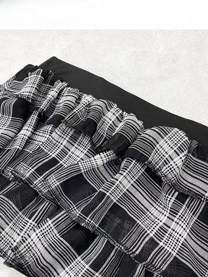 ブラックホワイト ビタースイートパターン チェック柄 裾 アシンメトリー ティアード