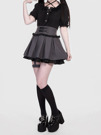 Gray Jirai Kei Double and Layers Skirt in Black with Double Buckle Straps  Garter