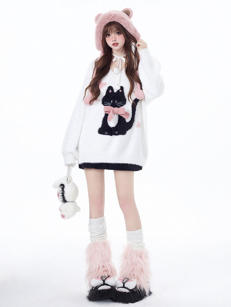 Charming White V-Neck Pullover with Cat Print - CRAZY GIRL