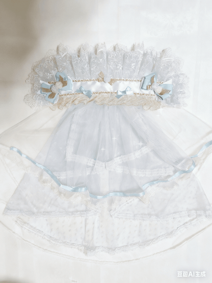 Multi-Layer Blue-White Hairband Lace Gorgeous Lolita Gold-Accented Light