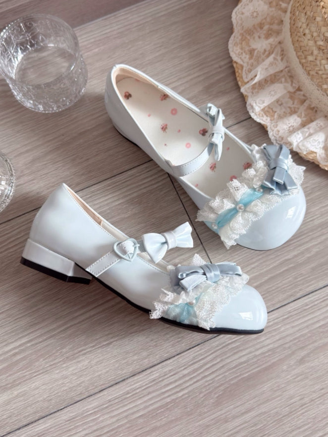Bead Shoes Sweet Blue Baby Low-heel PU Accents in with Leather Lolita
