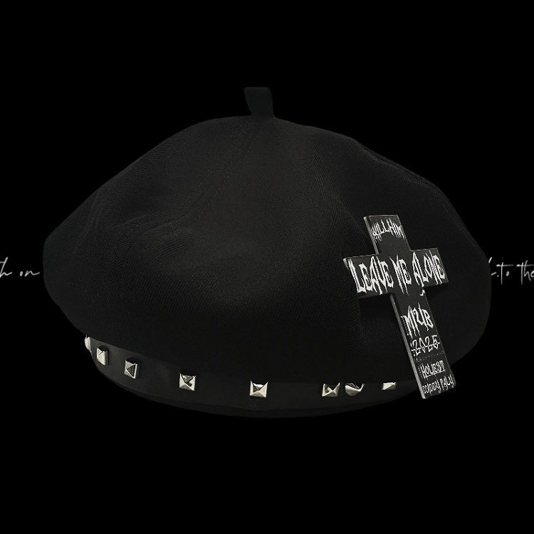 Y2K Black Cross Accent Punk Beret Studded Bittersweet Rock
