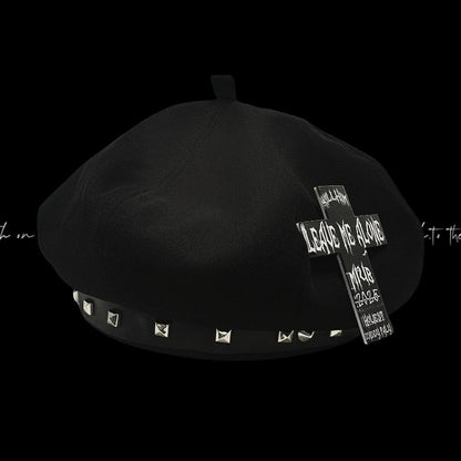 Y2K Black Cross Accent Punk Beret Studded Bittersweet Rock