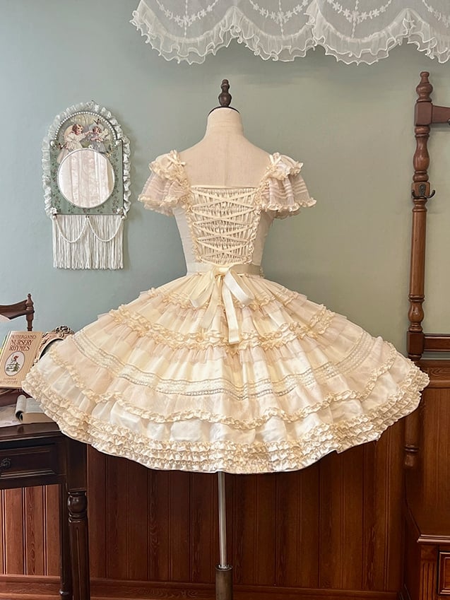Pleating Details Classic Ruffle Trims Lolita Dress and Elegant Beige