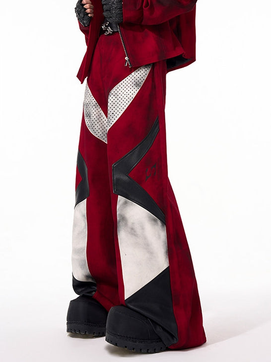 Design Leather Wide-leg Panel Pants Men's Red with