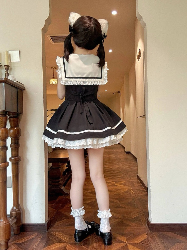 Collar Sailor Black with White Dress Print Backless Kitten Covered-back / Sleeveless