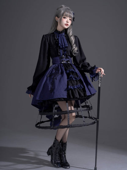 Schwarzes und dunkelblaues Ouji Lolita Fashion Prince Shirt mit Jabot