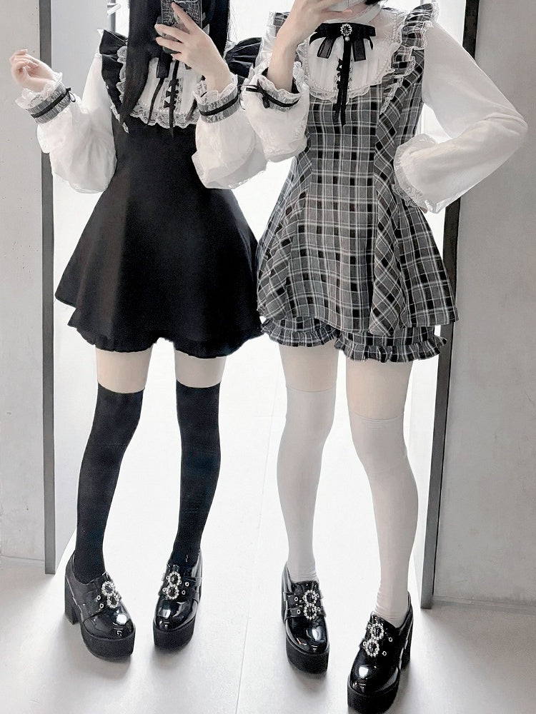 Plaid White/Gray Black Shorts Sleeves Set: with Long Illusion Neckline Top in Jirai Kei