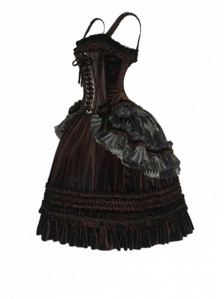 Gothic Dress Brown Pearl Shell Ruffled with Overlay Lolita Print