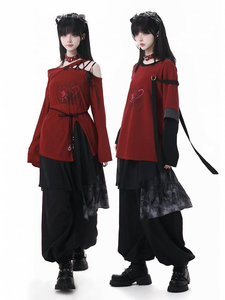 Hem Slit Neckline Red Coverup Lace-up Graphic Asymmetrical