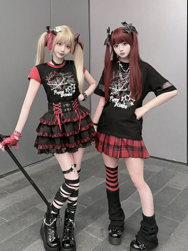 Black & Red Plaid Tiered Skirt with Lace Trim - Puppet Bombs