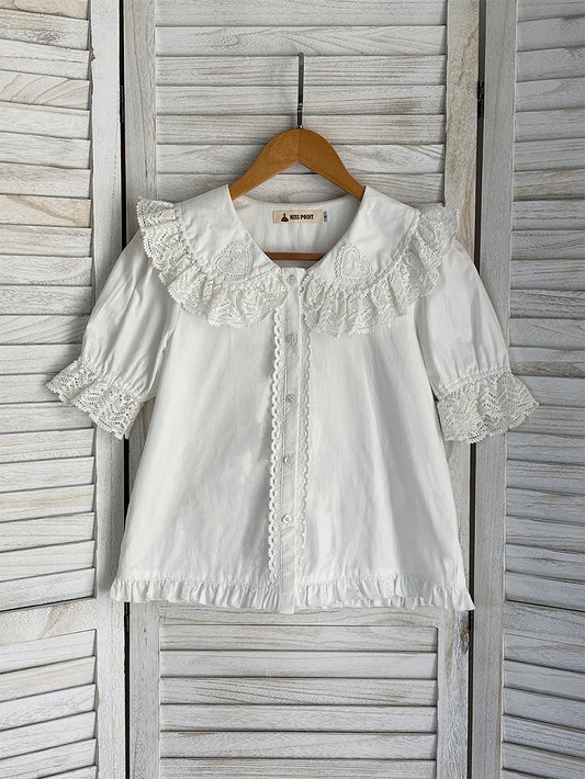 パンスリーブカラーのピーターコットンショートホワイトブラウス