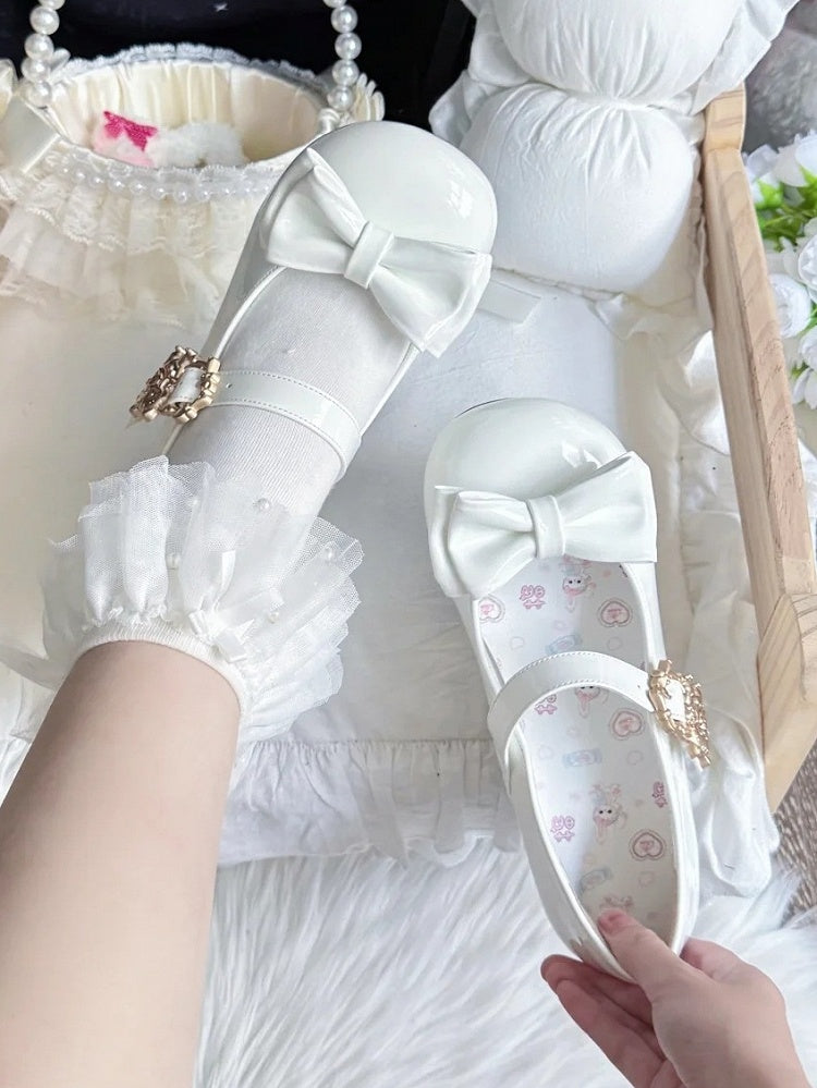 Janes Cat Lolita Clasp Details with Sweet White Low-heel Design Bow Mary