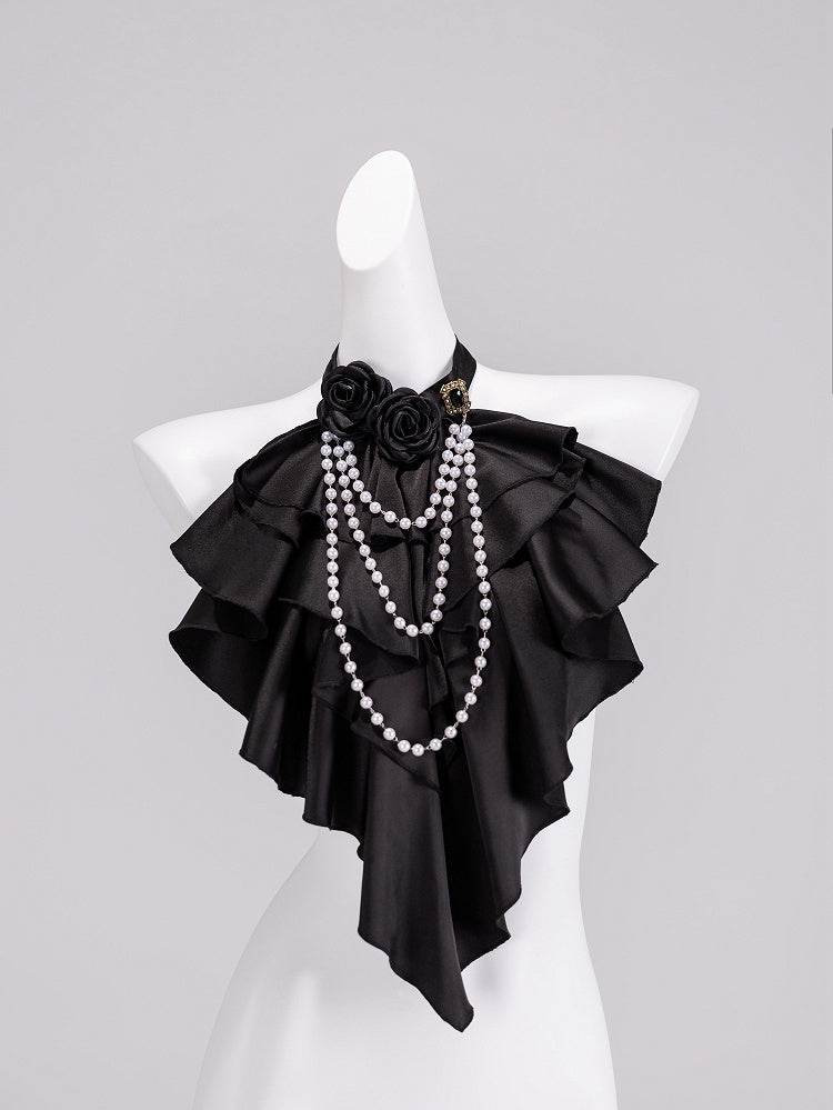 Black Layered Ruffled Jabot with Detachable Roses and Bead Chain - DevilInspired Exclusive Collection