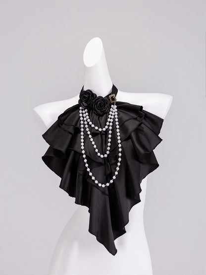 Black Layered Ruffled Jabot with Detachable Roses and Bead Chain - DevilInspired Exclusive Collection