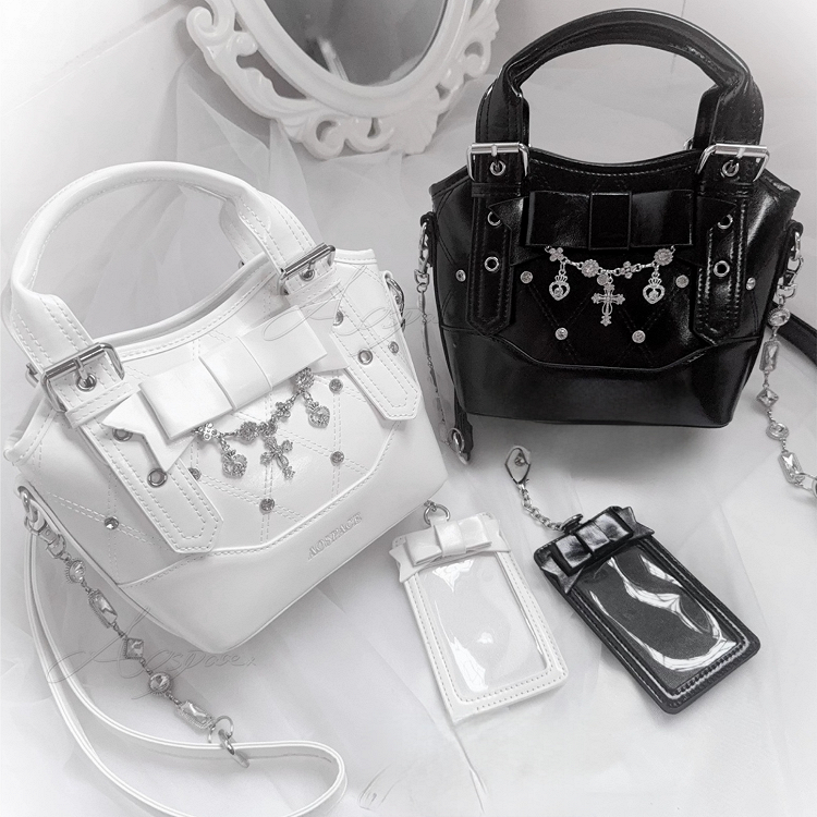 Black/White Chain Jirai Cross PUQuilted Crossbody/Handbagwith Kei Rhinestone