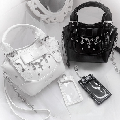 Black/White Chain Jirai Cross PUQuilted Crossbody/Handbagwith Kei Rhinestone