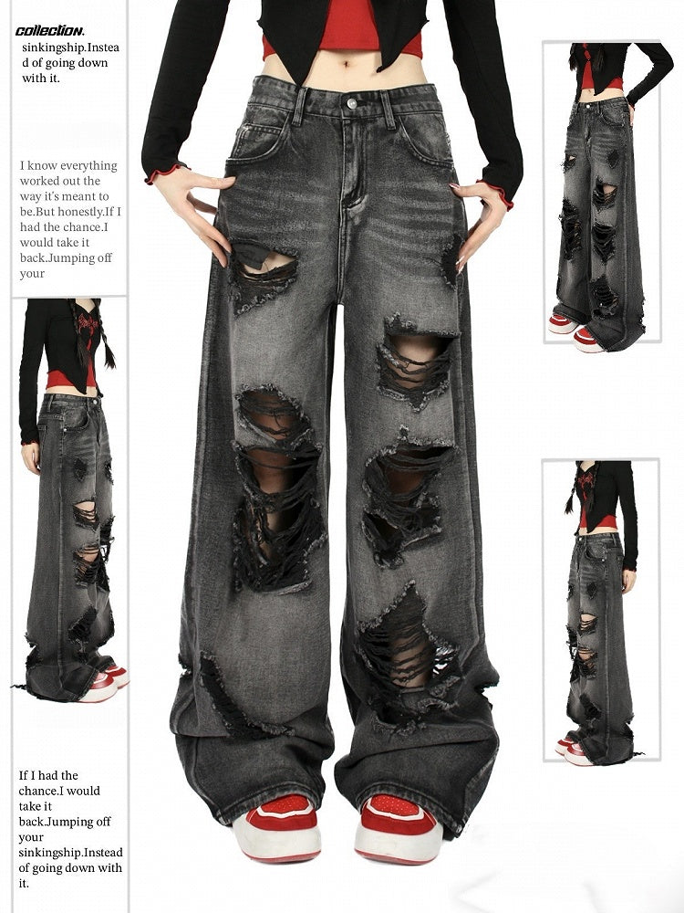 Black Distressed with Wide-Leg Low Wash Faded Waist Jeans