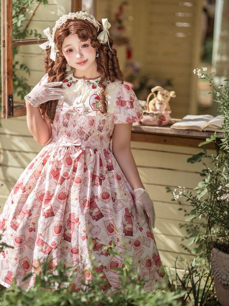 Sleeves Lolita Beige Collar Print Strawberry Pink Embroidered Sweet Dress with Puff