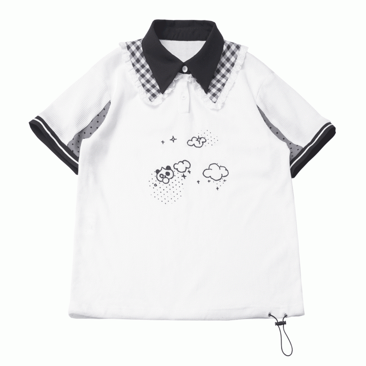 Layered T-shirt Waffle Polo Collar Print Panda Double Graffiti White