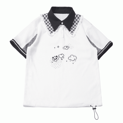 Layered T-shirt Waffle Polo Collar Print Panda Double Graffiti White
