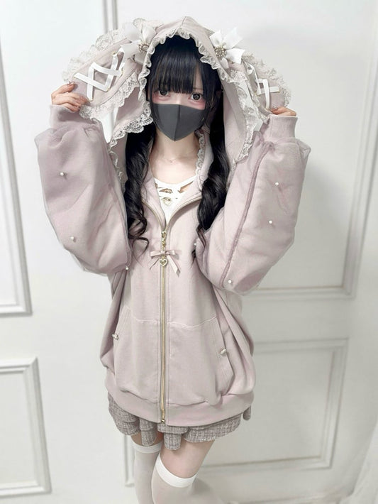 Kei Sweet Hoodie: Jirai Detailed with Edgy Dusty Pink Bunny-Ear Beadwork