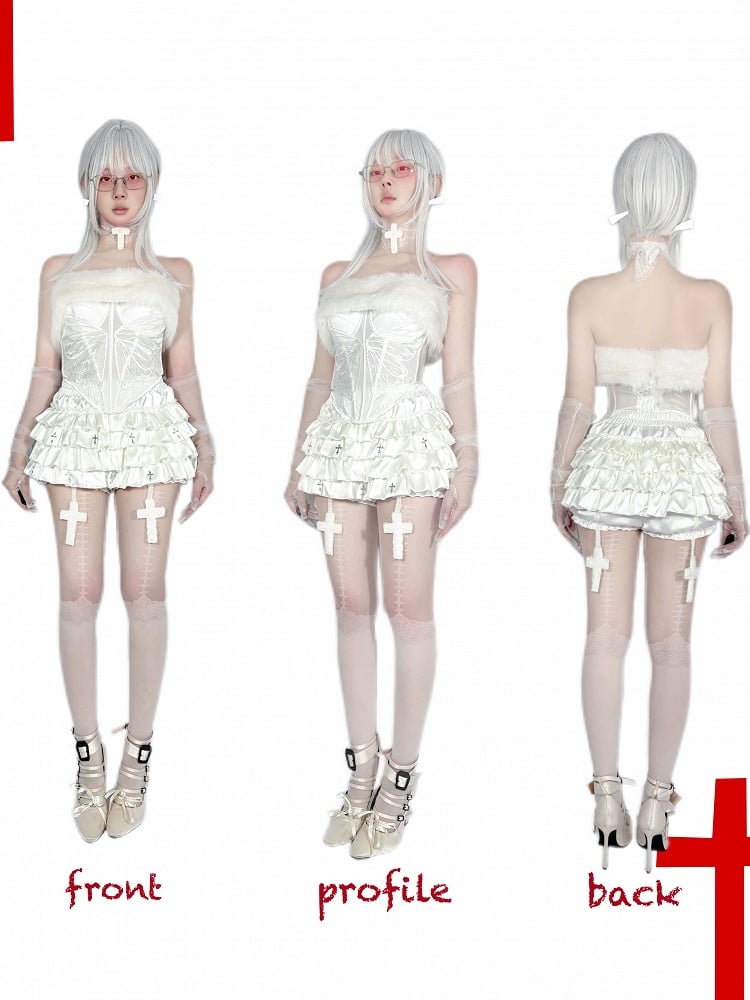 Gothic White Cross Charms Tiered Ruffles Satin Skort