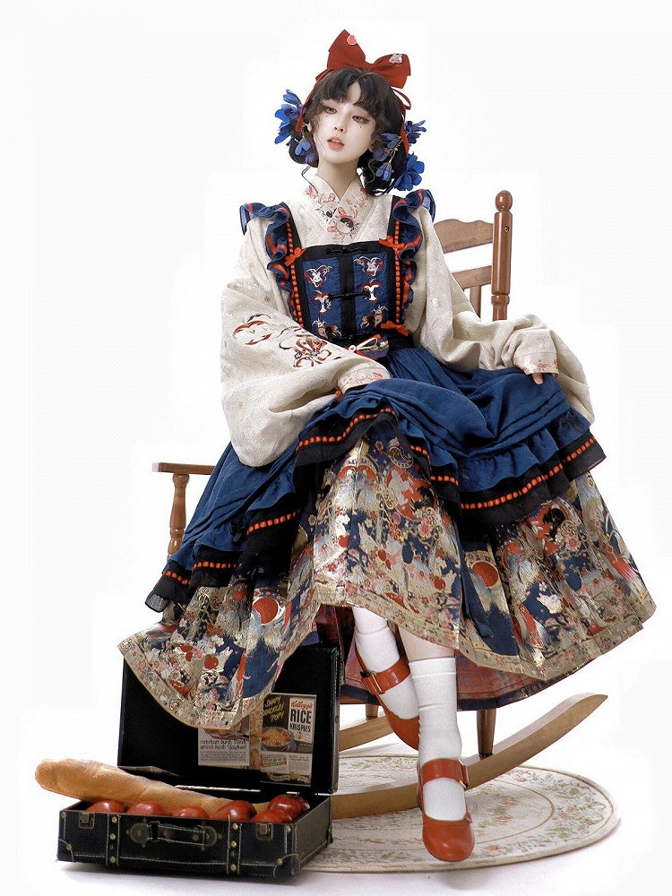 Lolita Hanfu Set Beige Blouse Blue Skirt Apron Rabbit Embroidery - Zao Jing Ji