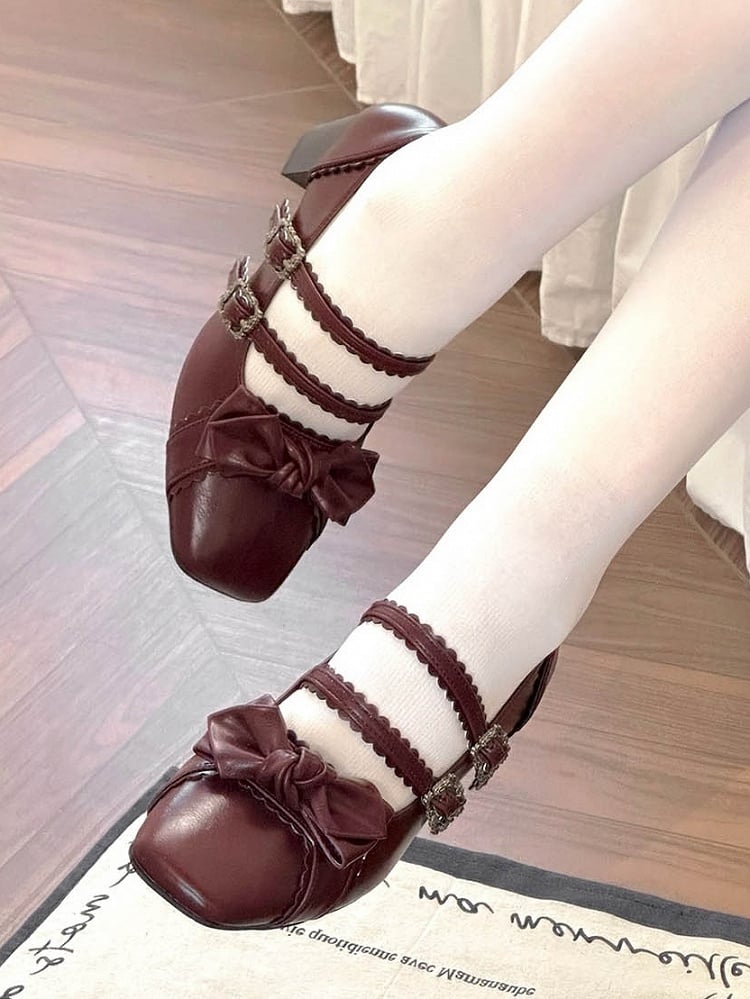 Red Wine Sweet Lolita Shoes at Bow Top