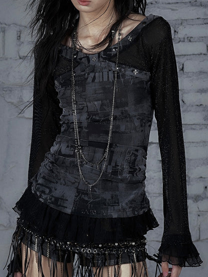 トリムスターレースウェイストランドパンクスタッド装飾ブラックグレー/ベージュTシャツと