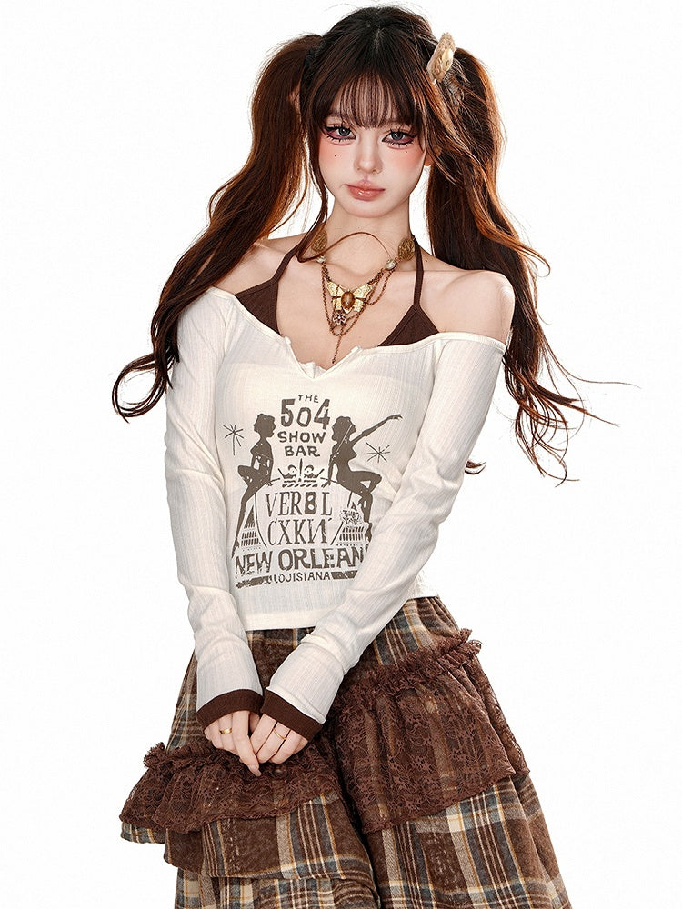 Zweiteiliges Neckholder-Top mit Fake-Letters in Apricot/Schwarz