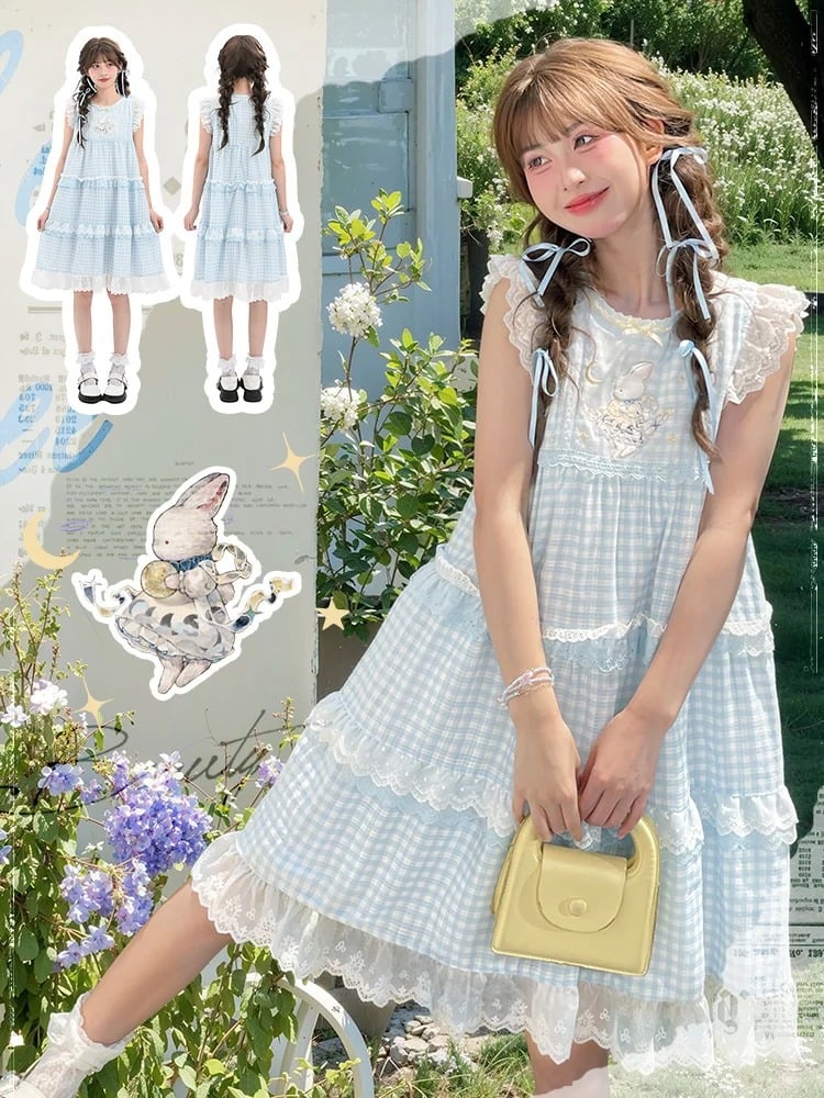 Sleeveless Dress Blue Plaid Tiered Flutter Bunny Embroidery Lace Sleeves Skirt Trim