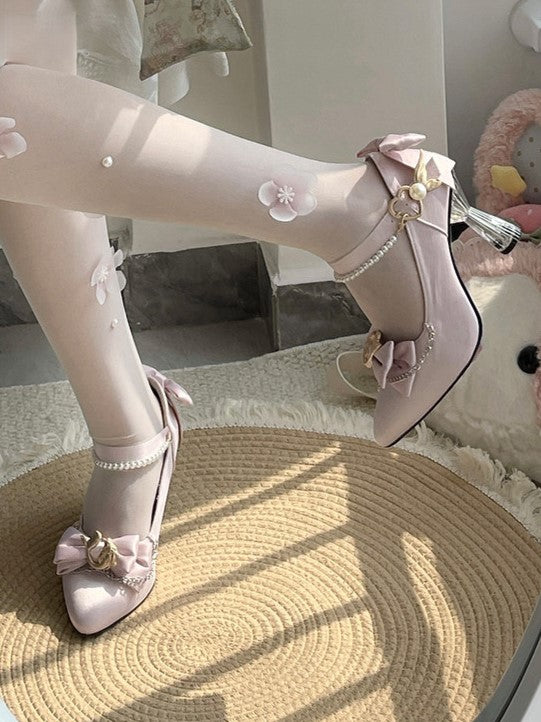 Mermaid Sweet Lolita Pointed Toe Pink 7cm Heels with Pearl Chain & Bow - Meng Ka Jiang