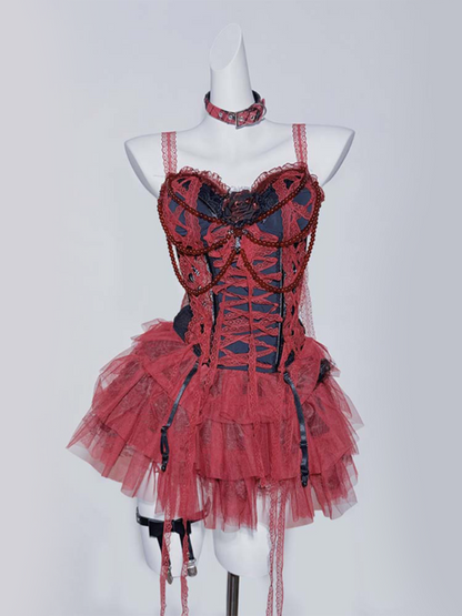 Gothic Red&Black Lace Trim Rosette Beaded Chain Corset Cami Top