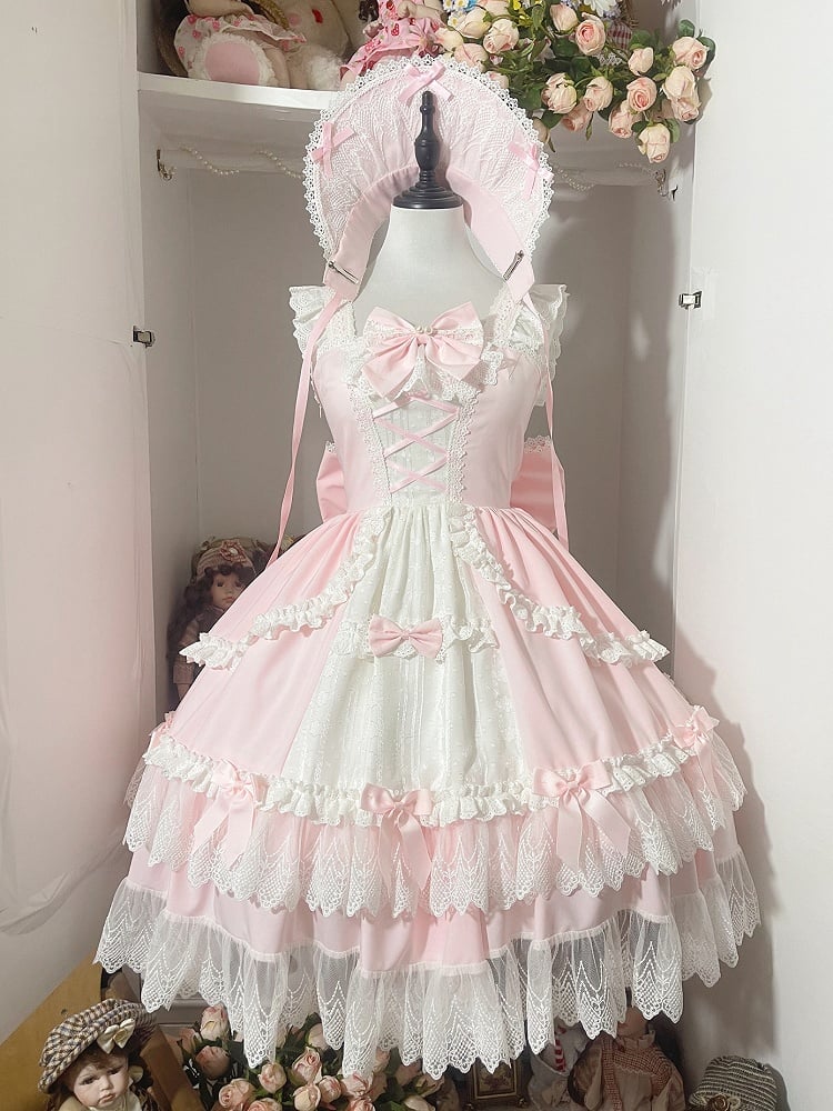 Rosa und weißes Old School Lolita Fashion Kleid Bowknot Detais Lolita JSK Set