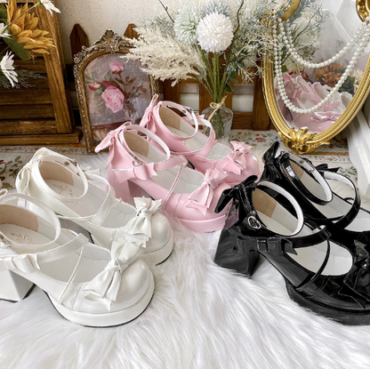Pink Sweet Lolita 8 cm High Block Heel Mary Janes with Bow Accents & Heart Snap