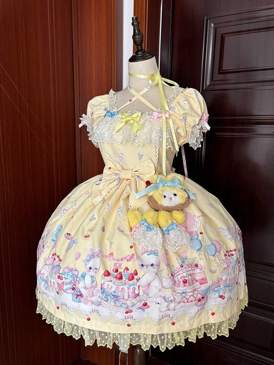 Gelbes kurzes Lolita-Kleid mit Cake Bunny-Ärmeln, süßem Print und Puffärmeln