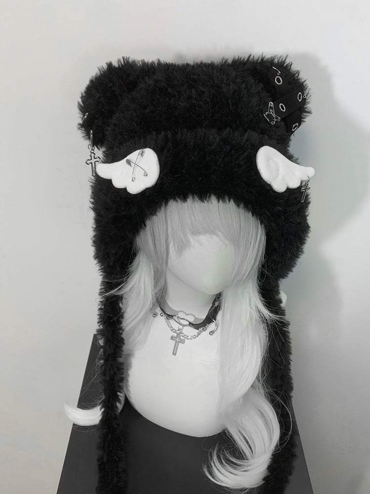 Black/White Cross Wing Pin Cat Ear Plush Hat